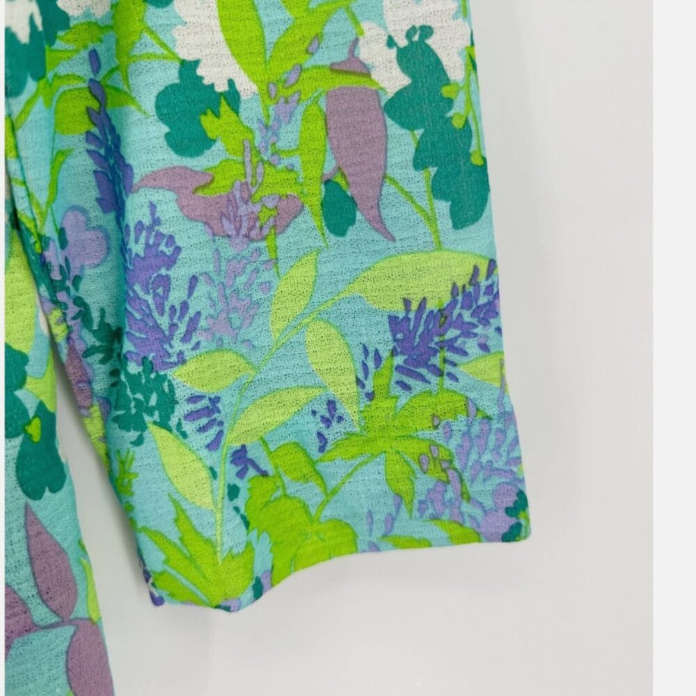 Retro Floral Polyester Pointed Collar Shirt LSV Green Blue Purple M - Picture 4 of 6